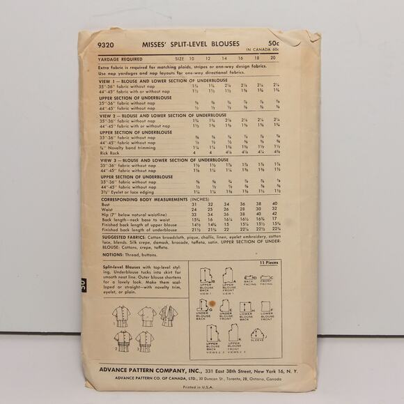 Vintage Split-Level Blouse Pattern Advance 9320 Size 12 CUT - Picture 2 of 2